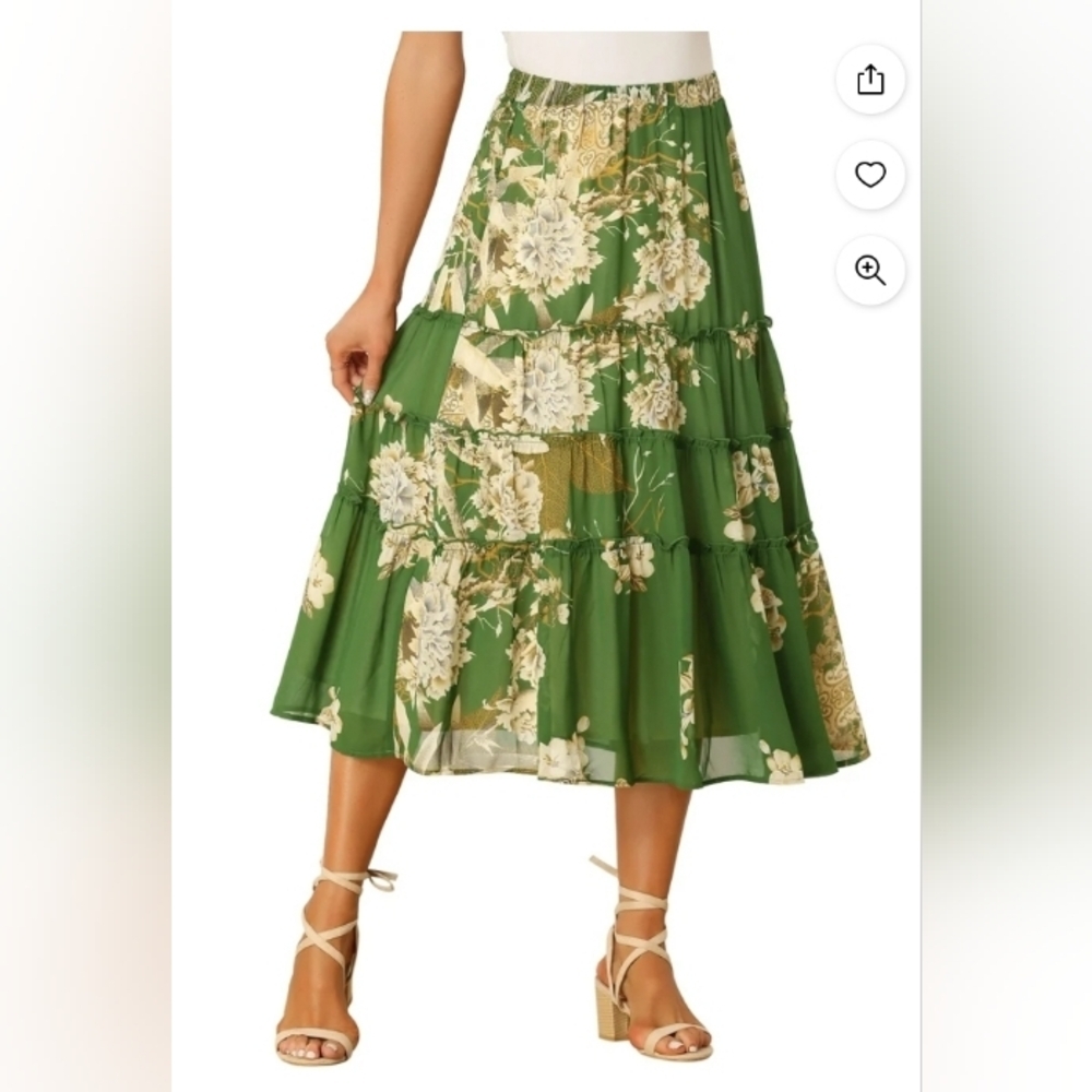 Allegra k Women's Floral Print Elastic Waist Ruffle Maxi Tiered Skirt Deep Green